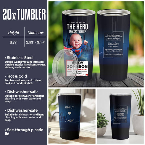 Personalized Baby Superman Tumbler – Custom Superhero Cup for Mom | "The Hero I Rocked To Sleep"